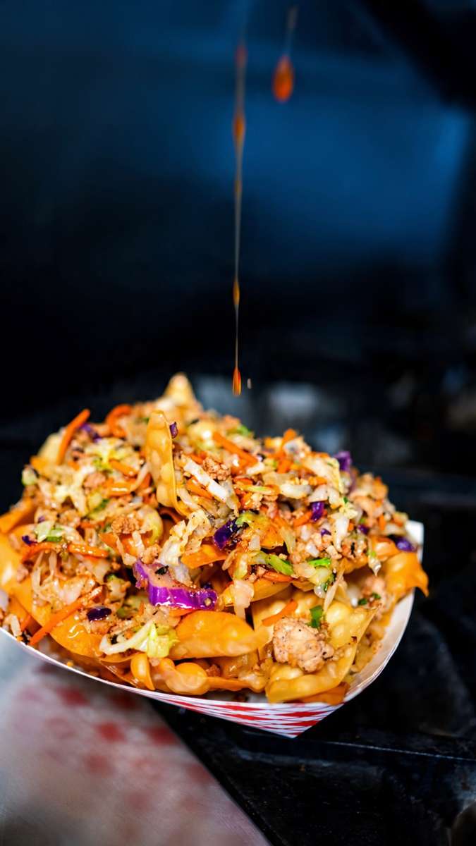 Inside-Out Eggroll layered with slaw and sauce