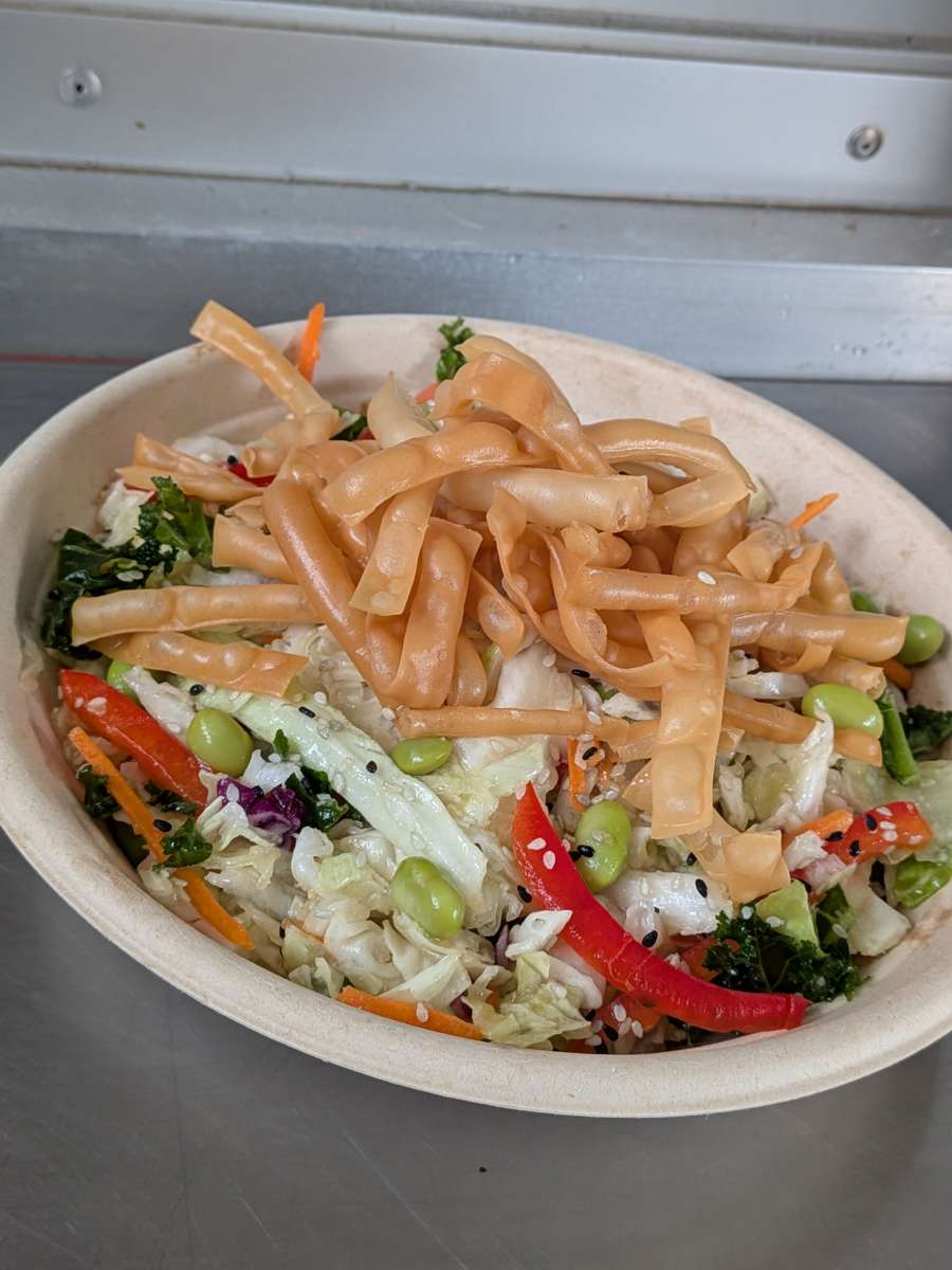 Sesame salad with edamame and crispy wontons